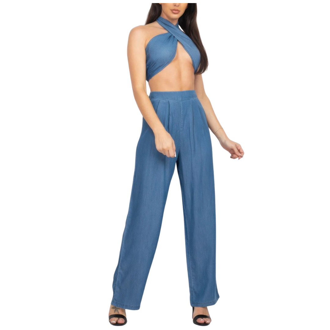 Fashnzfab Women's Tube Tied Top & Wide Pants Set
