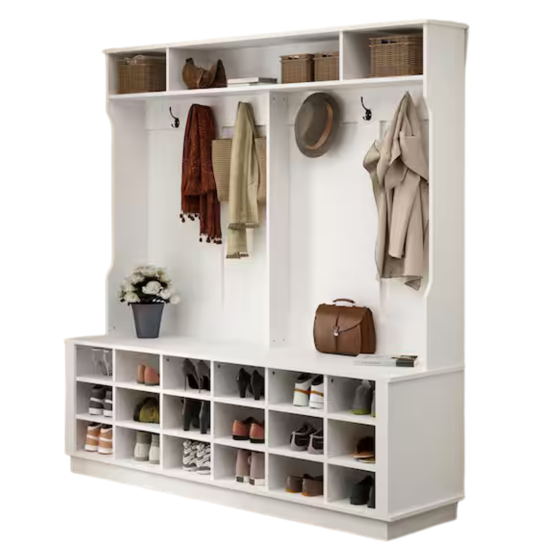 FUFU & GAGA 63" W Wood 3-In-1 Hall Tree Coat Rack Shoe Storage Bench