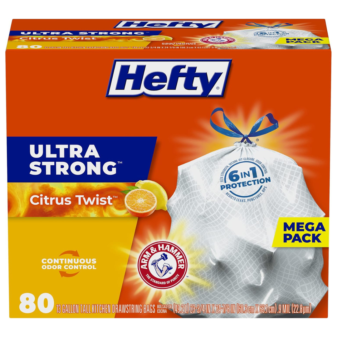 Hefty Ultra Strong 13 Gallon Trash Bags, Continuous Odor Control, White, Citrus Twist Scent (80 Bags)