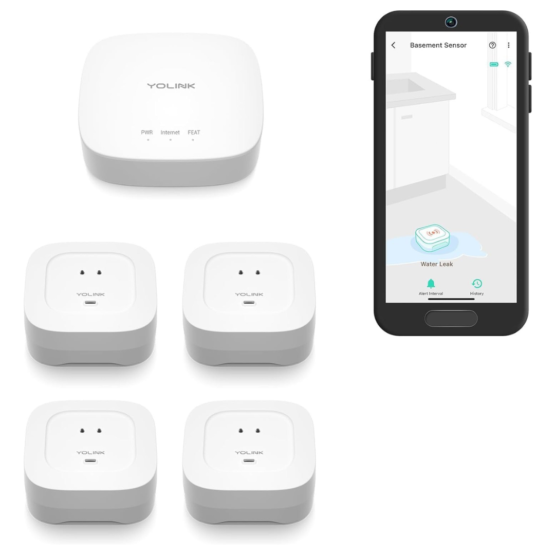 YoLink Smart Home Starter Kit: Hub & 4 Water Leak Sensors With 105dB Audio Alarm