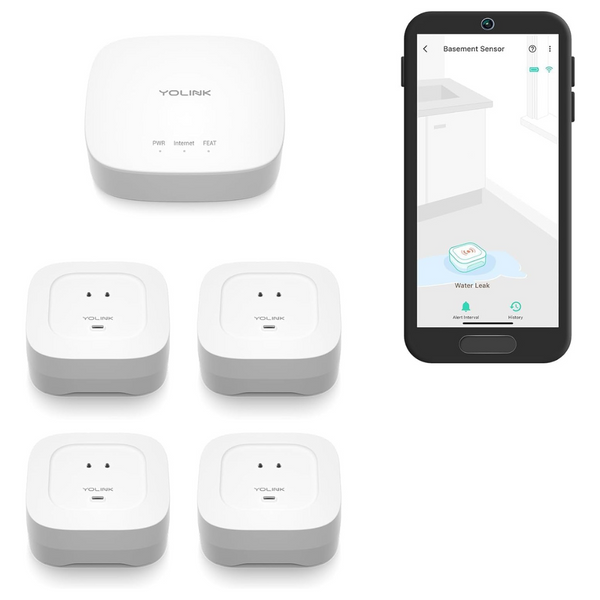 YoLink Smart Home Starter Kit: Hub & 4 Water Leak Sensors With 105dB Audio Alarm