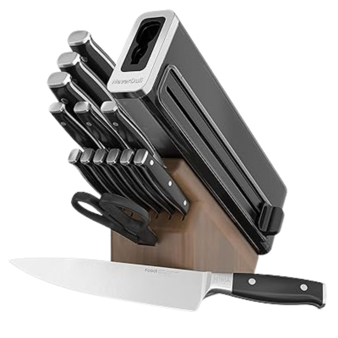 Ninja K52015 Foodi NeverDull 15 Piece Premium Knife System, Wood Series Block, German Stainless Steel, With Built-In Sharpener