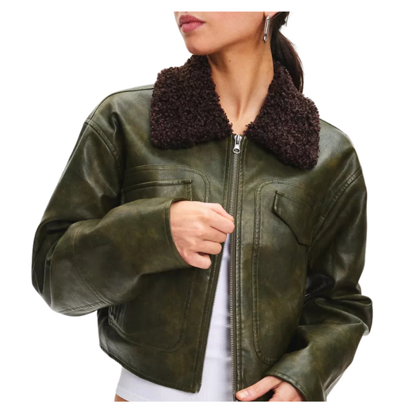 UO Women's BDG Janine Faux Leather Cropped Aviator Jacket