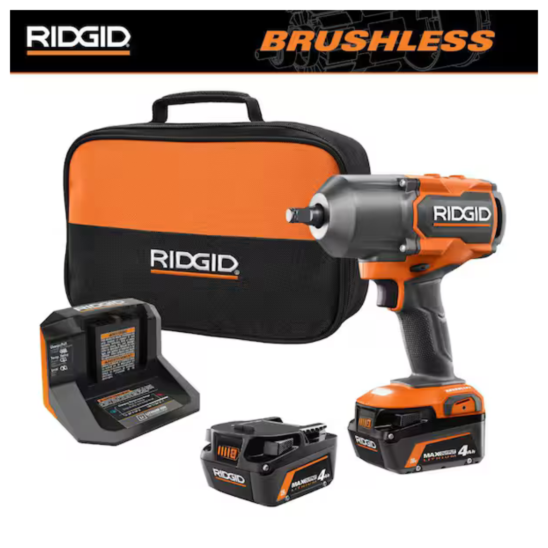 RIDGID 18V Brushless Cordless 4-Mode 1/2" High-Torque Impact Wrench Kit With (2) 4.0 Ah Lithium-Ion Batteries And Charger