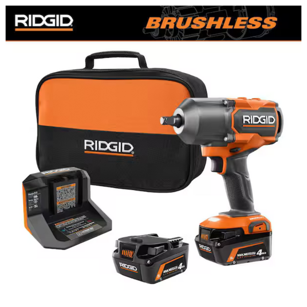 RIDGID 18V Brushless Cordless 4-Mode 1/2" High-Torque Impact Wrench Kit With (2) 4.0 Ah Lithium-Ion Batteries And Charger