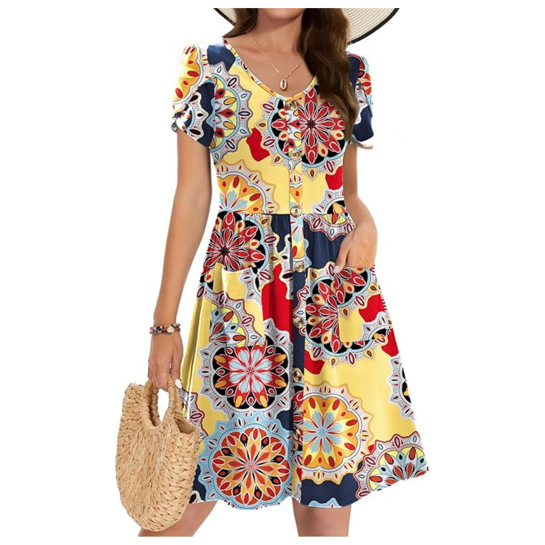 Women's Summer Casual Loose Floral Beach Dress With Pocket