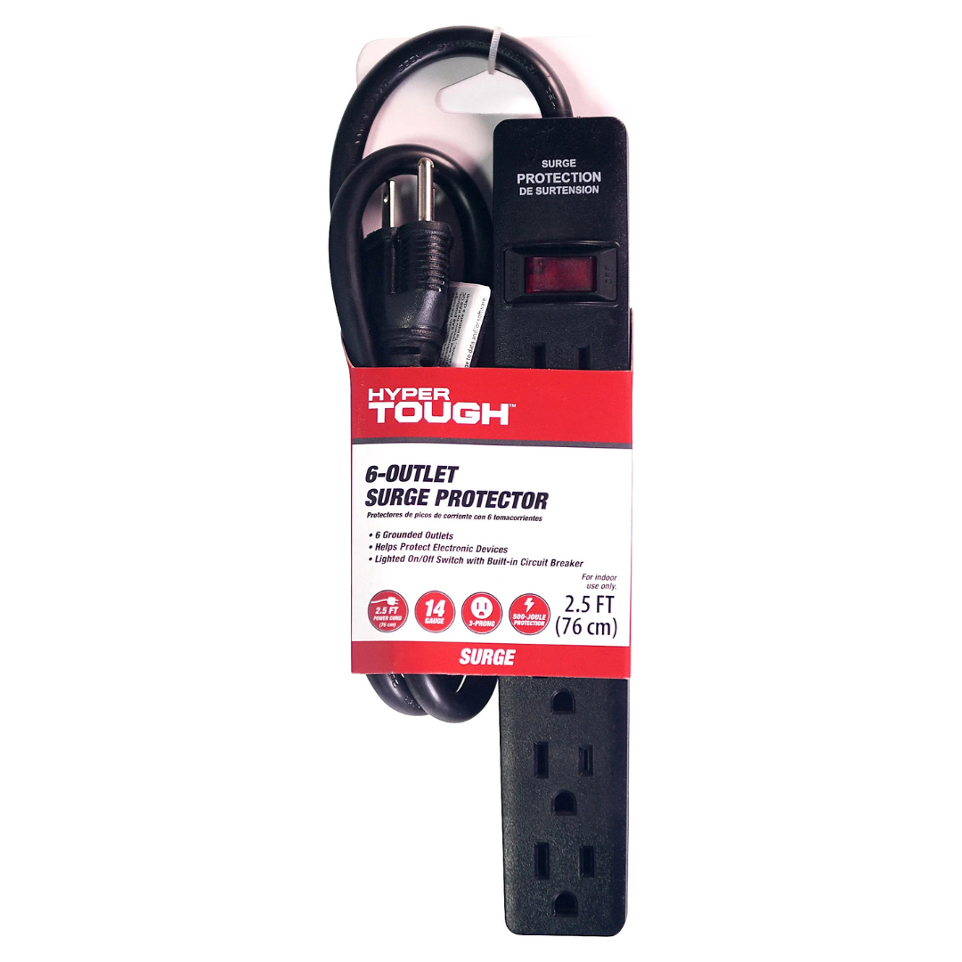 Hyper Tough 6-Outlet 2.5ft Surge Strip 500-Joule Protection