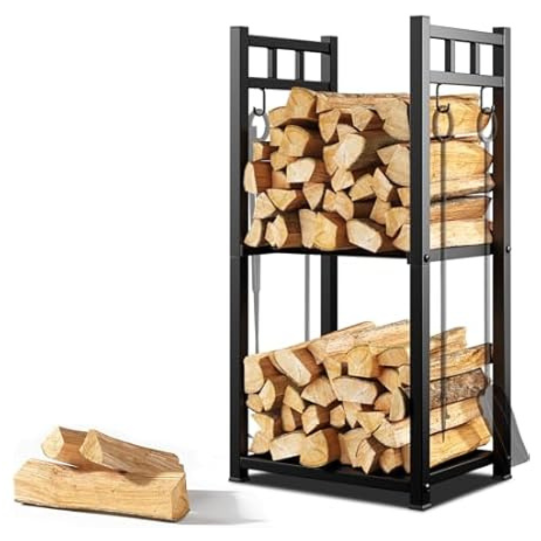 Habit Garden 2-Tier Log Holder Firewood Rack With 4 Hooks