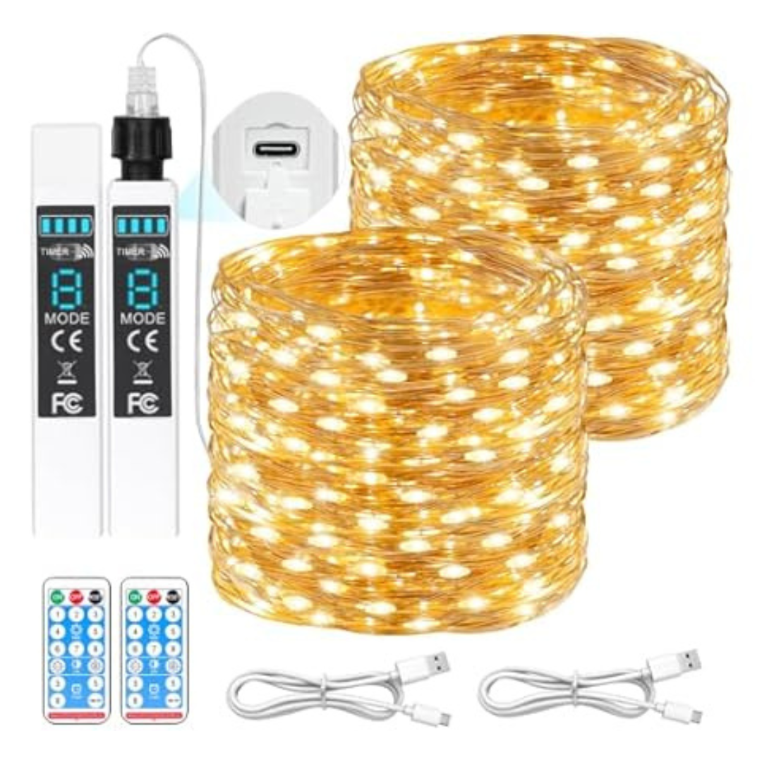 2-Pack 66ft 200 LED Rechargeable String Lights W/Remote & Timer