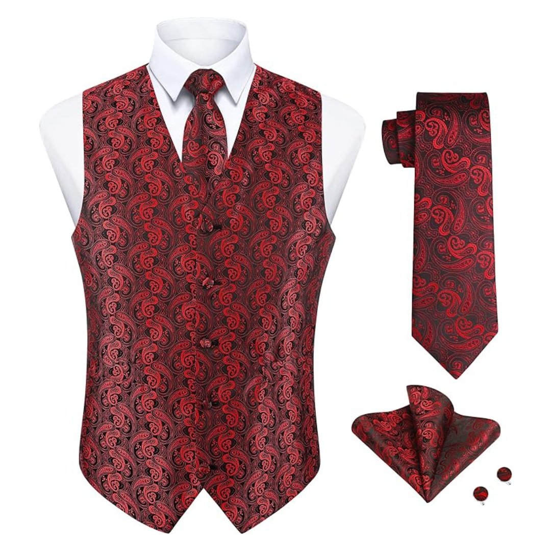 Men's Paisley Vests and Tie Handkerchief Cufflinks Set (XXL)