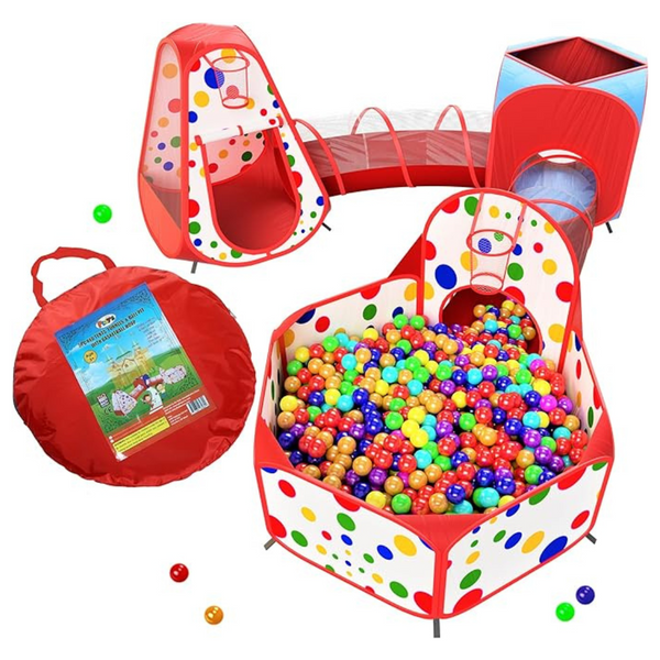Playz 5-Piece Kids Tunnel, Tent And Ball With Red Carrying Case