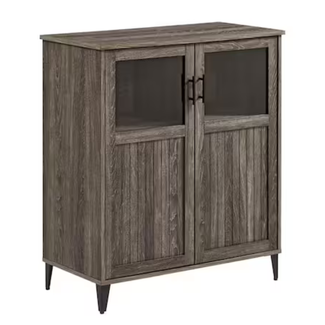 Cerused Ash Wood & Glass Transitional Grooved-Door Accent Cabinet