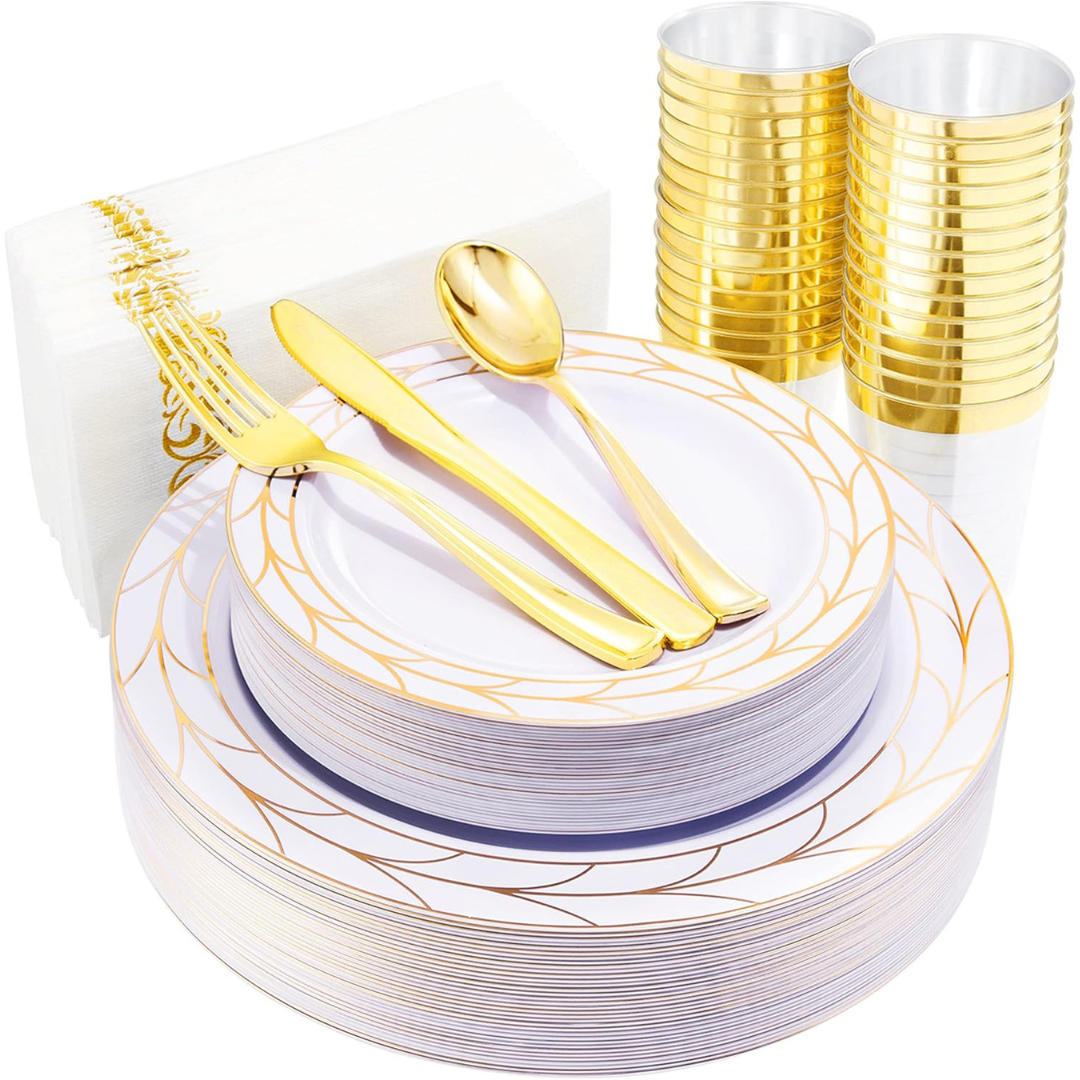 175-Pc Disposable Gold Plastic Party Plates & Silverware Set