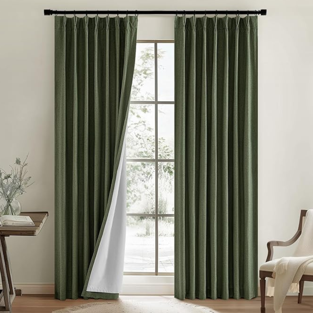 2-Panels 40" x 84" Olive Green Pinch Pleated Blackout Linen Curtains