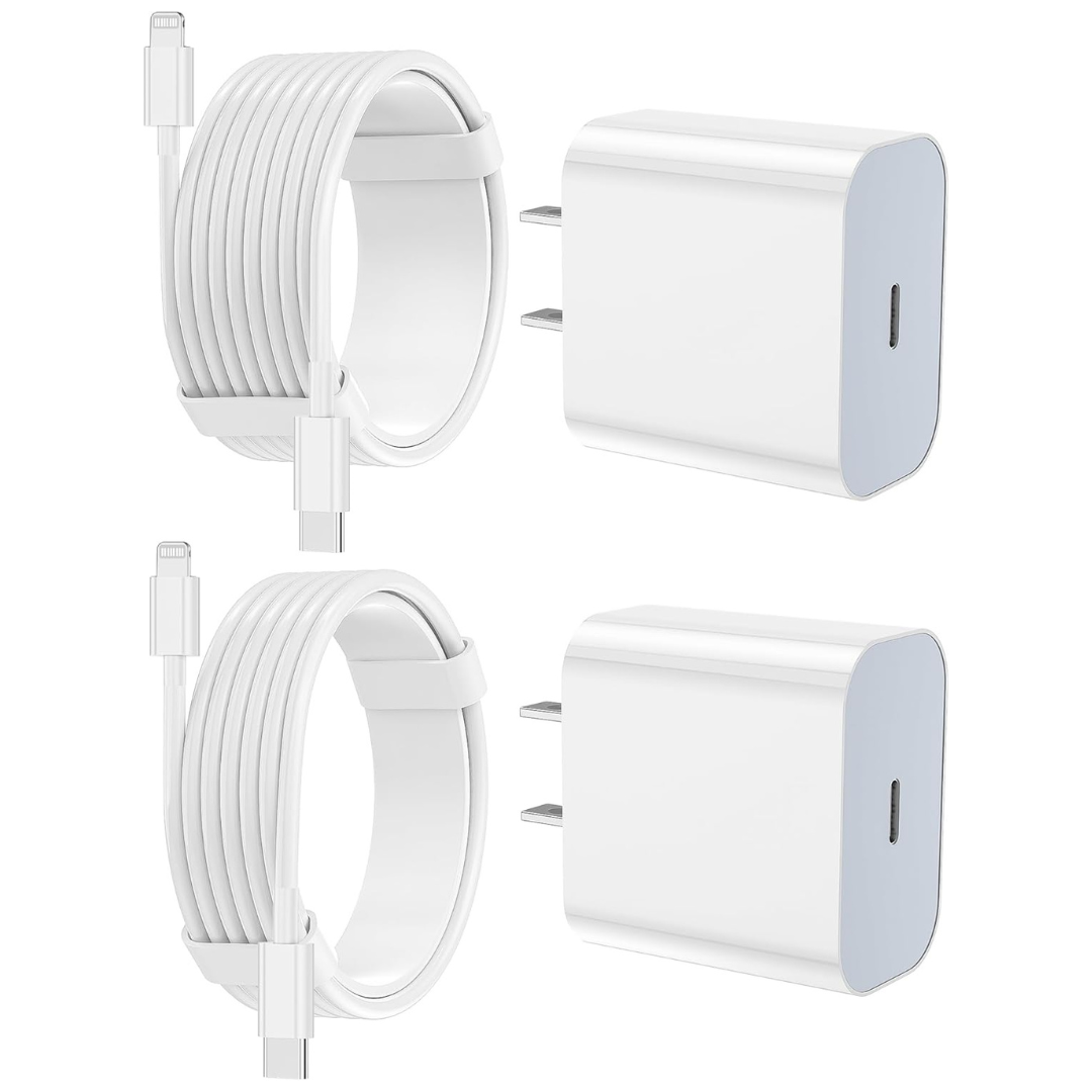2-Pack 20W Wall Charger Adapter w/ 6 &10-Ft USB-C to Lightning Cable