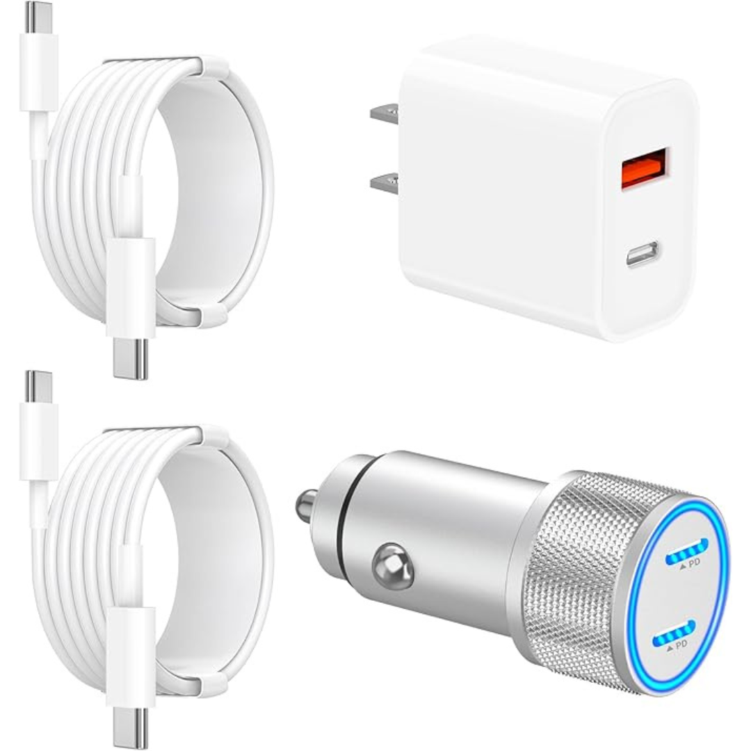 20W Dual USB-C Wall Charger & 72W PD Dual USB-C Car Charger w/ 2ct 6FT USB-C Cable