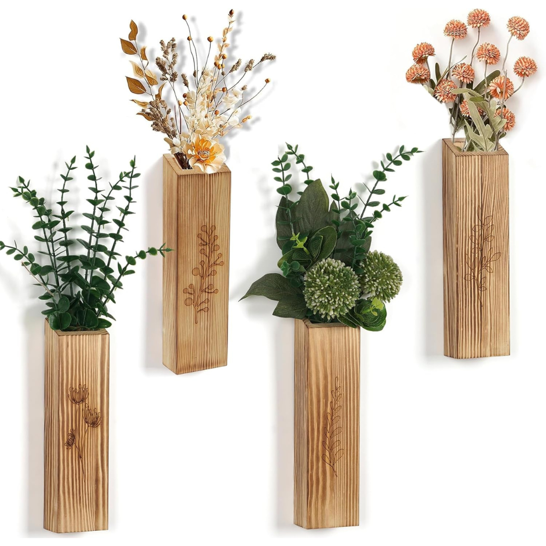 4-Piece Wood Hanging Wall Planters for Indoor Plants
