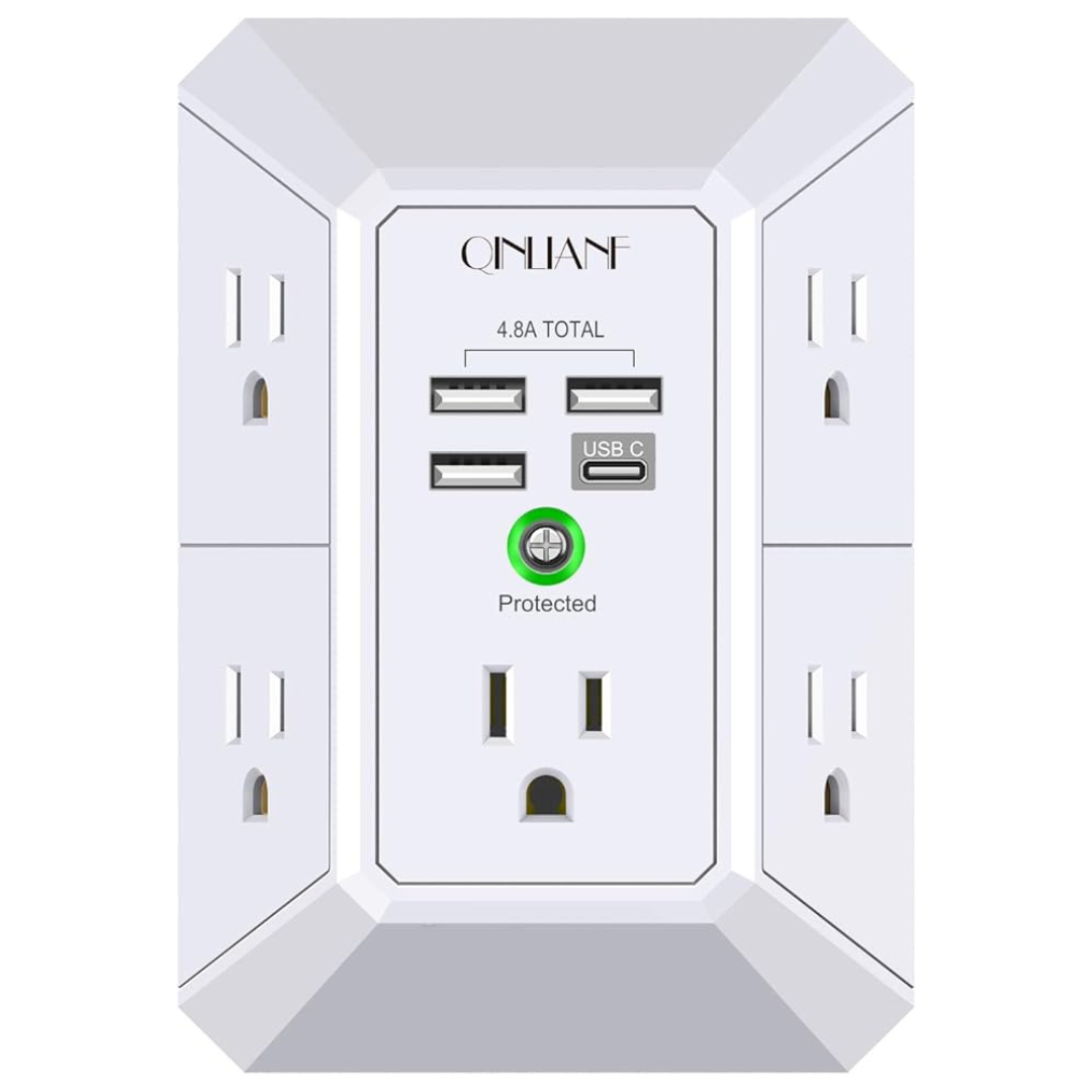 3-Sided 5-Outlet 1680J Surge Protector Power Strip w/4 USB Charging Ports