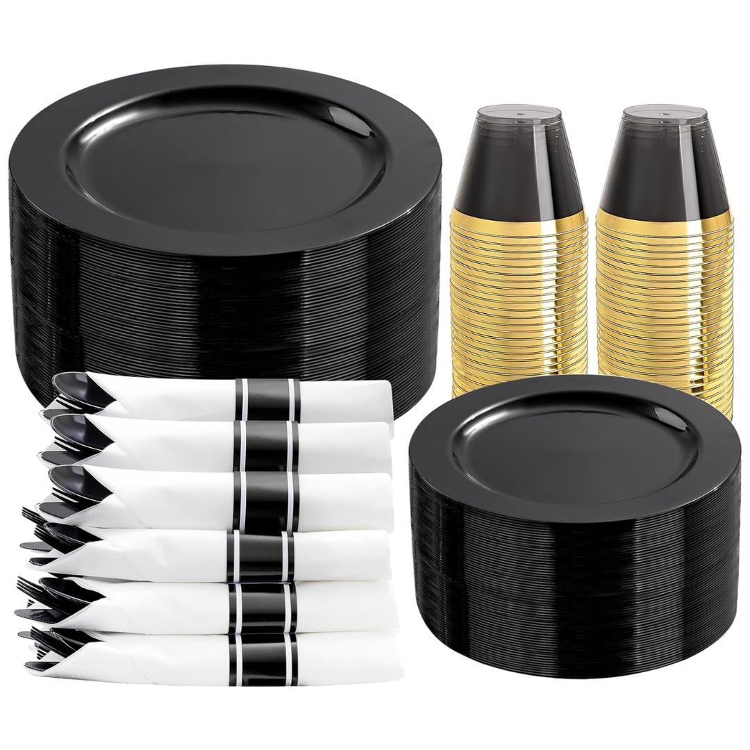 EI 350 Pcs Black Plastic Disposable Dinnerware Set With Pre-Rolled Napkins & Cutlery For 50 Guests