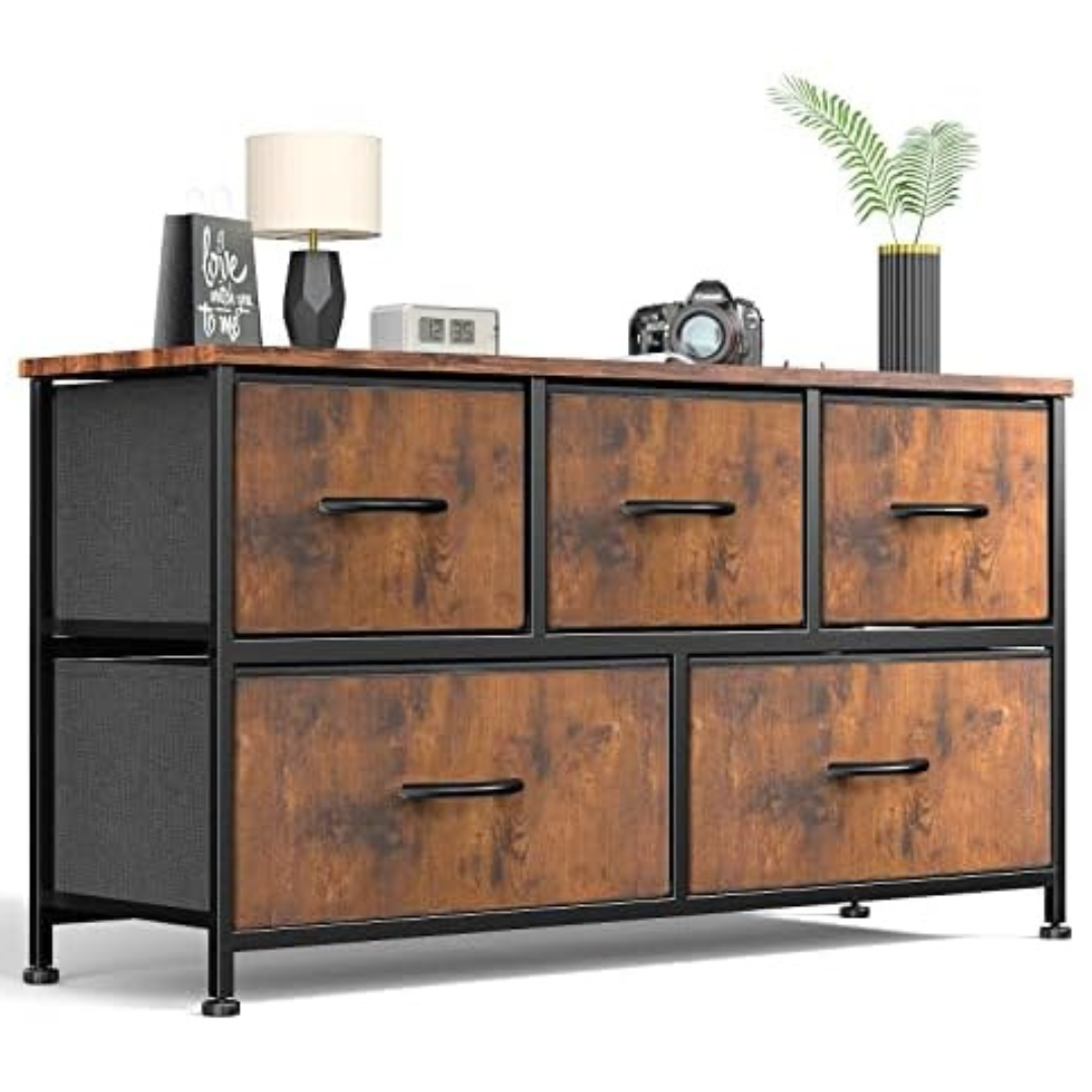 Sweetcrispy 5 Fabric Drawers Dresser with Wood Top Surface Table