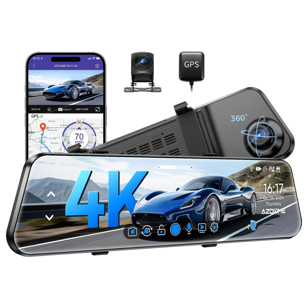 Azdome PG17 12" WiFi Mirror Dash Cam (4K Front/1080p Rear)