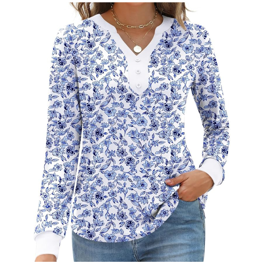 Women's Casual Long Sleeve V-Neck Henley Tunics Tops (Various)