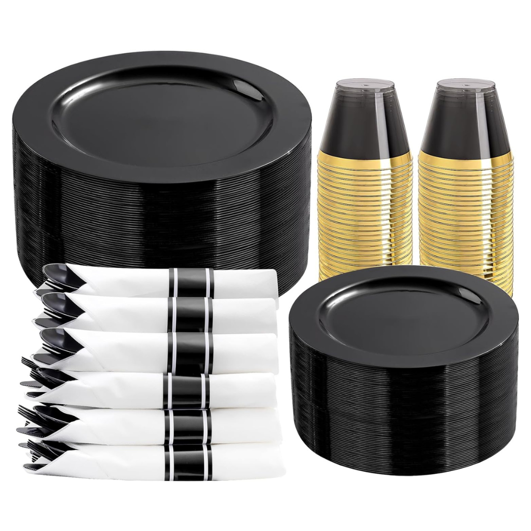 350-Piece EI Black Plastic Disposable Dinnerware Set