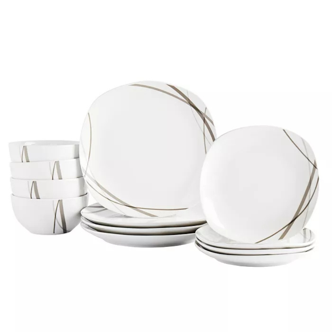 12-Piece Tabletops Unlimited Curves Square Dinnerware Set, Service For 4