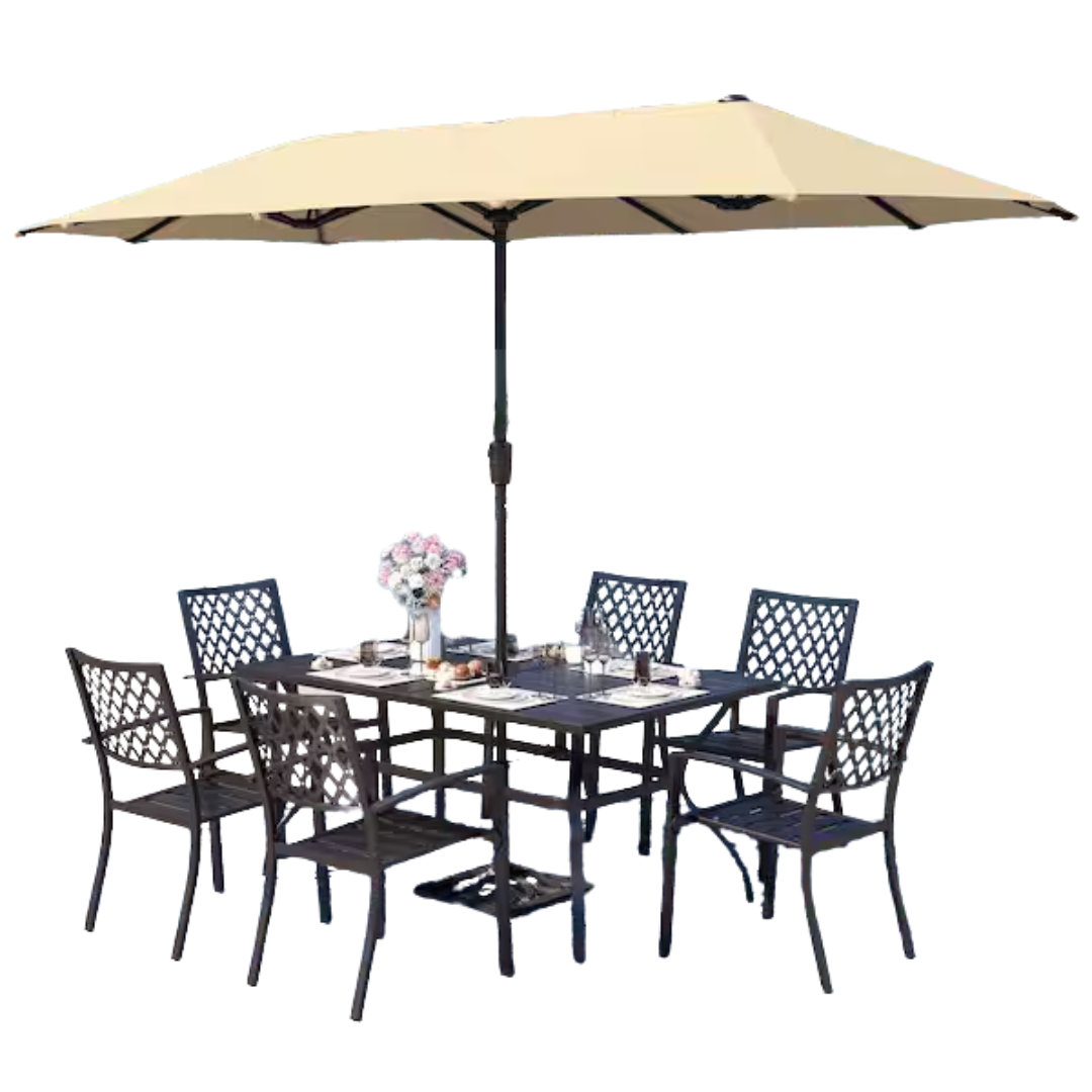 8-Piece Metal Outdoor Dining Set with Stackable Chairs & Beige Umbrella