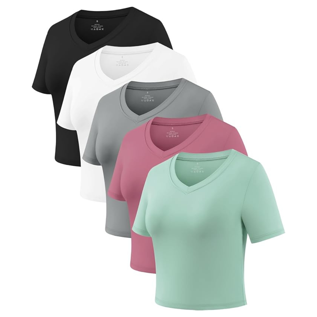 5-Pack Women's Short Sleeve Solid Cropped Dry Fit T-Shirt