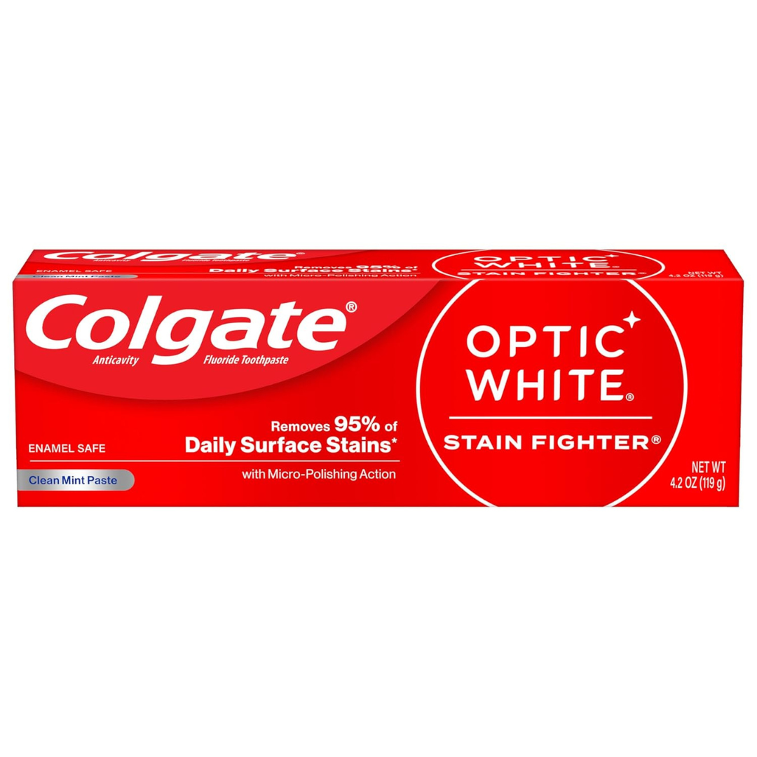 Colgate Optic White Stain Fighter Whitening Toothpaste, Clean Mint Flavor (4.2 Oz Tube)