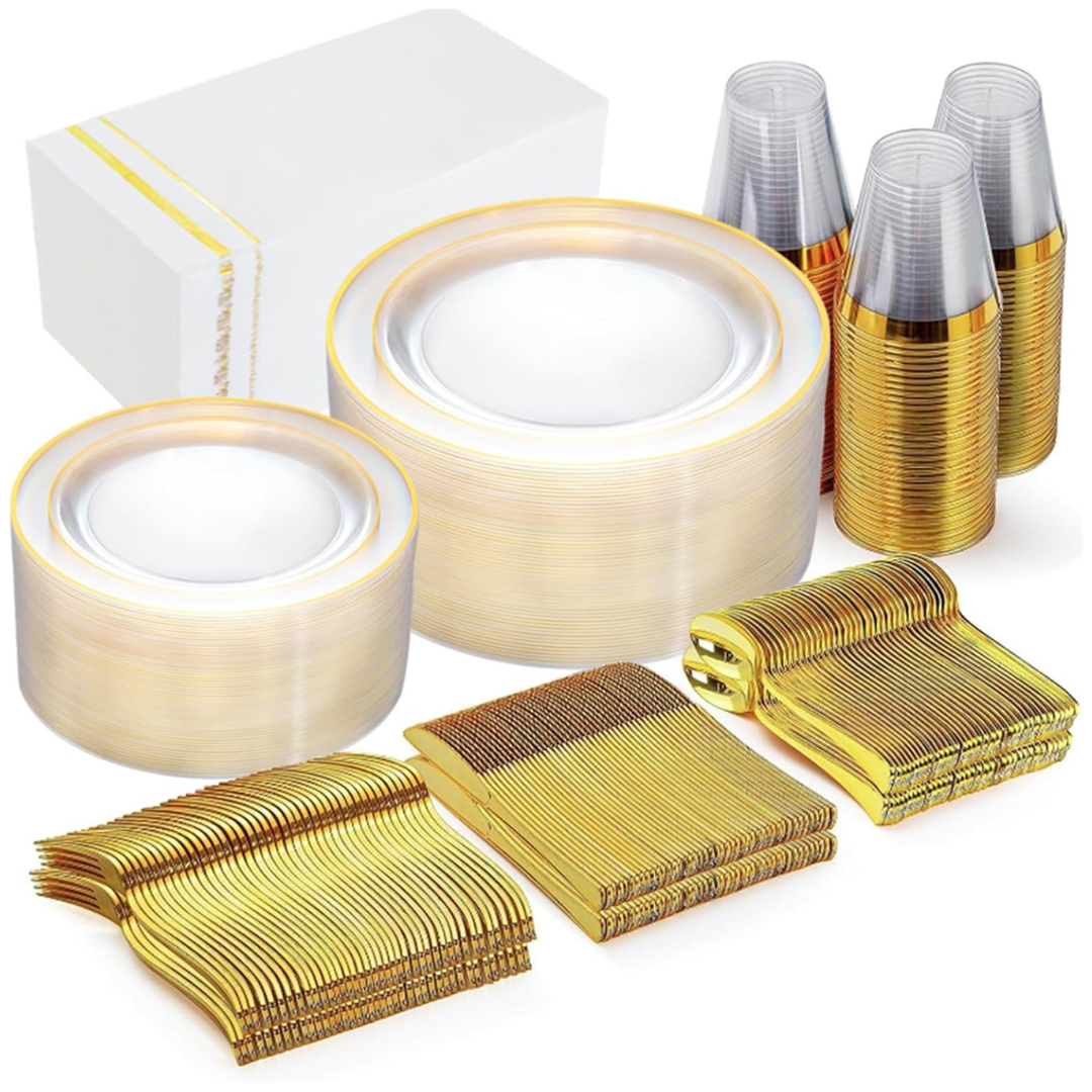 GATHER 350 Pcs Clear Gold Or Silver Disposable Dinnerware Sets (Service For 50)