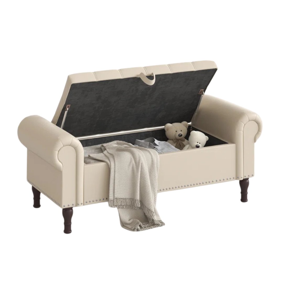 Charlton Home 50″ W Faux Leather Storage Bench With Button-Tufted Seat And Roll Arms
