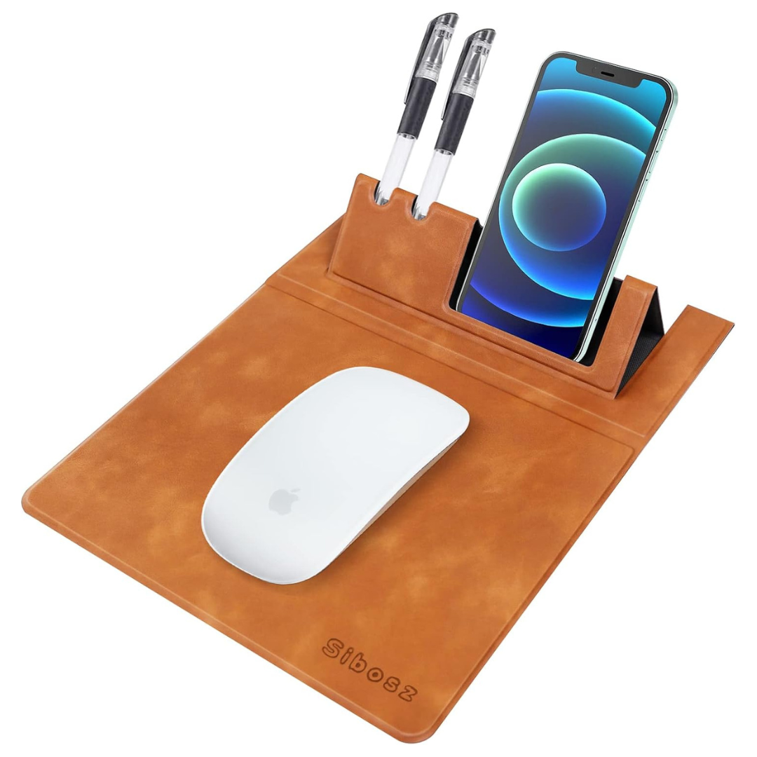 PU Leather 3-in-1 Mouse Pad With Phone Stand And Pen Holders