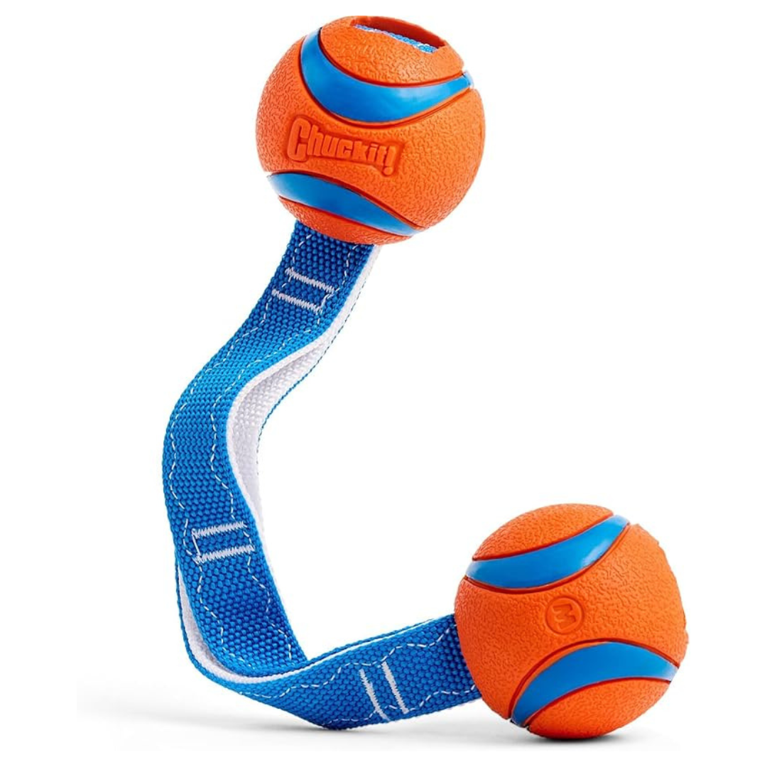 Ultra Duo Tug Shake Toss Rubber Balls w/ Nylon Strap Fetch Dog Toy