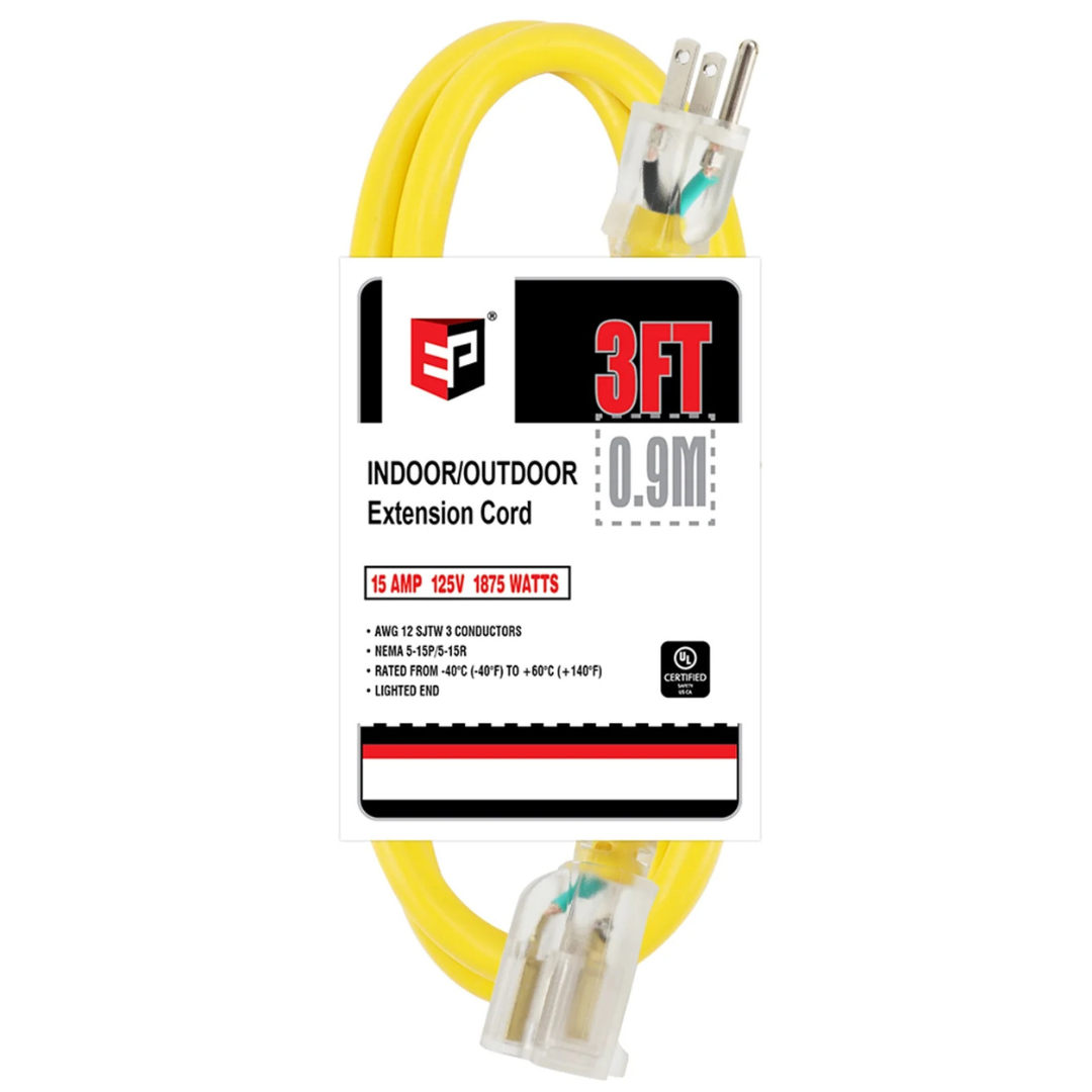 EP 3-Foot 12/3 Gauge Yellow 1 Outlet SJTW Extension Cord