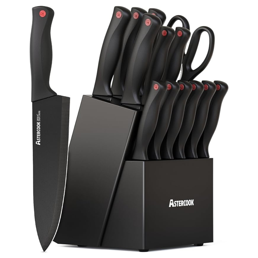 15-Piece Astercook Kitchen Knife Set With Built-In Sharpener Block