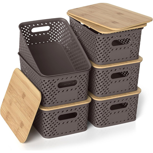 6 Pack Plastic Storage Bins with Bamboo Lids