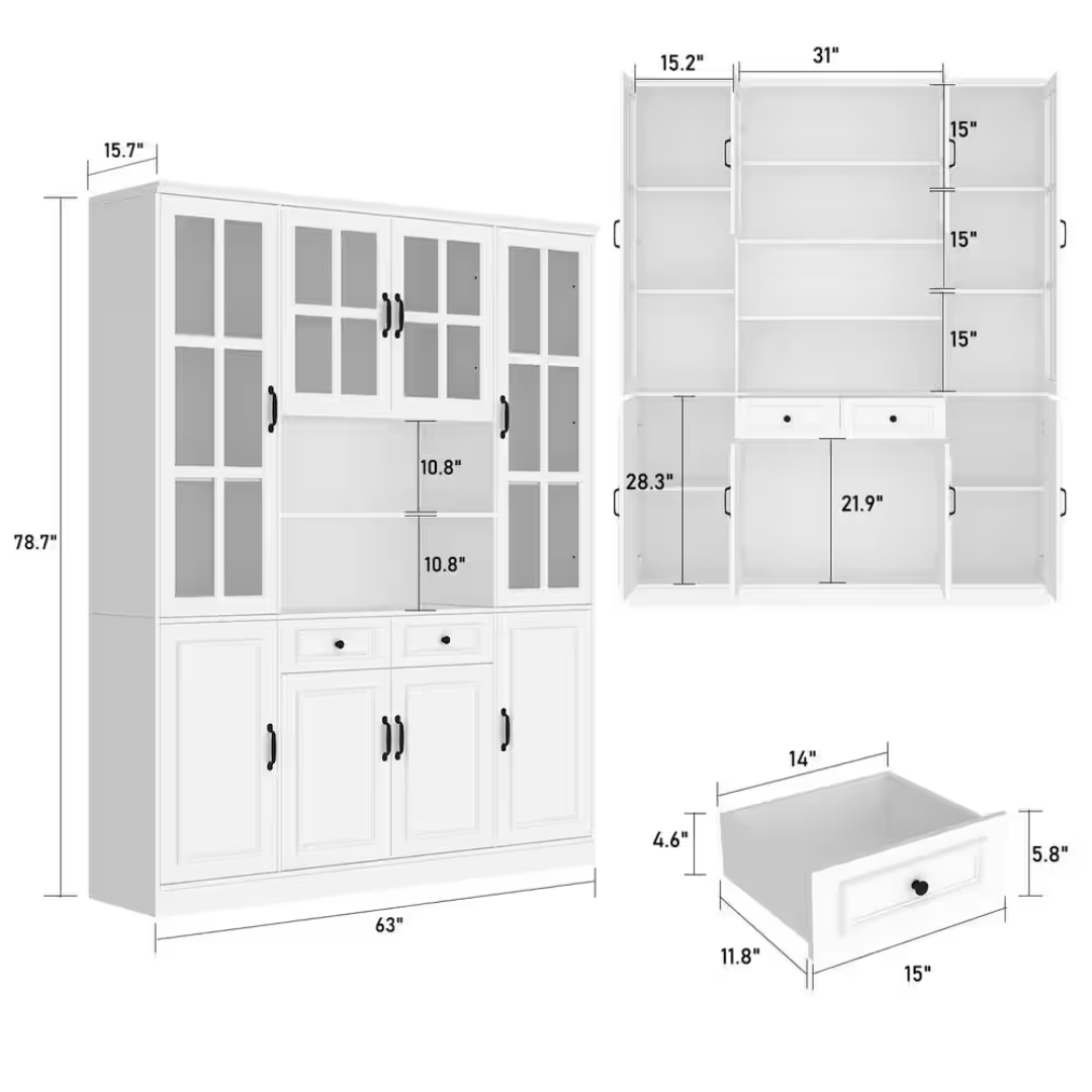 White Wood 63" W Buffet and Hutch Kitchen Cabinet