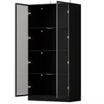 Black Wood Display Cabinet with Tempered Glass Doors & 3-Color LED Lights