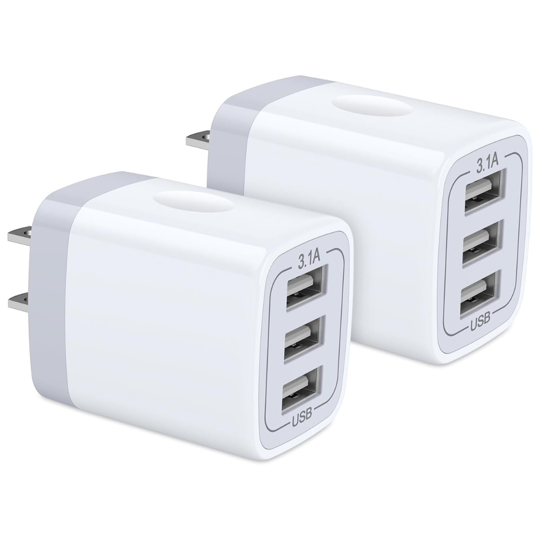 2-Pack Wall Plug 3-Port USB Charging Station 3.1A Power Adapter