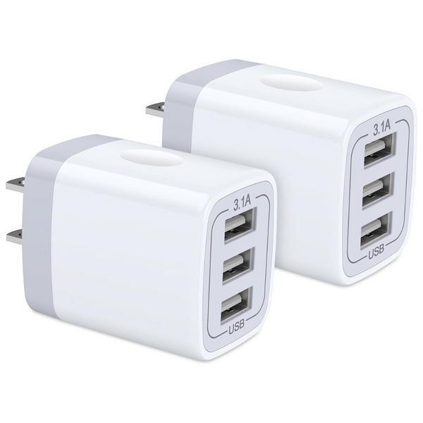 2-Pack Wall Plug 3-Port USB Charging Station 3.1A Power Adapter
