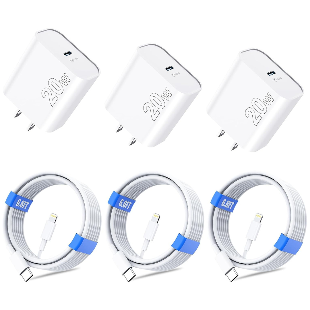 3-Pack 20W PD USB-C Wall Charger Block w/ 3-Pack 6.6ft USB-C to Lightning Cable