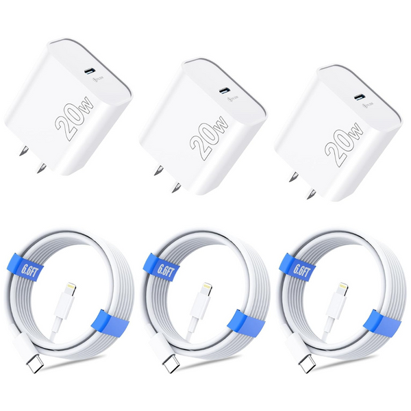 3-Pack 20W PD USB-C Wall Charger Block w/ 3-Pack 6.6ft USB-C to Lightning Cable