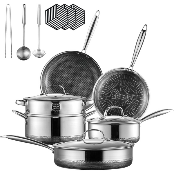 15-Piece Ceramic Hybrid Stainless Steel Pots Pans Non Stick Set