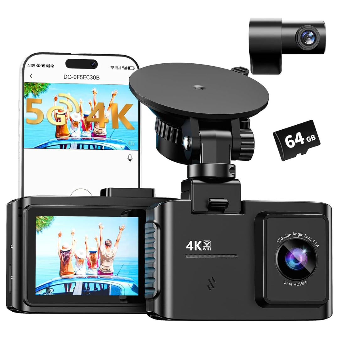 4K Dual Channel 5GHz WiFi Dash Cam Front and Rear with 64GB Card