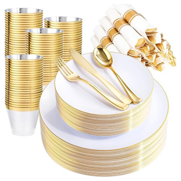 140-Piece Gold Plastic Plates Dinnerware Set With Pre Rolled Napkins