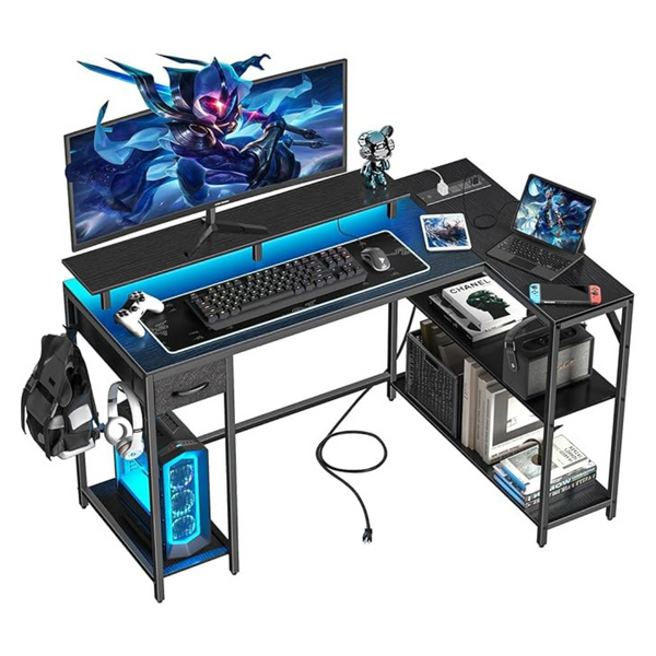 47" Reversible L Shaped Gaming Desk With LED Lights