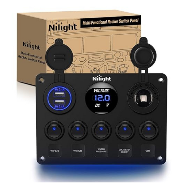 Nilight Multi-Function 5 Gang Rocker Dual USB Charger + 12V Switch Panel