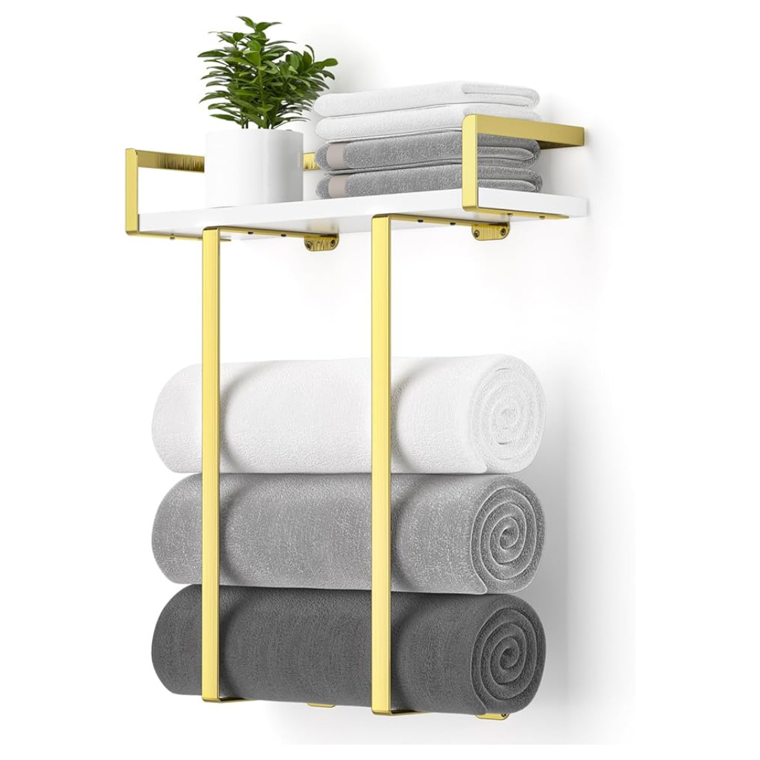 Wall Mounted Metal Towel Holder Racks With Wooden Shelf